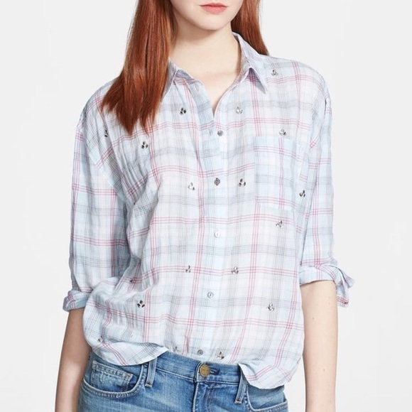 Elizabeth & James Carine Shirt Flannel Top Embellished Beaded Blue Size Small - Picture 9 of 9